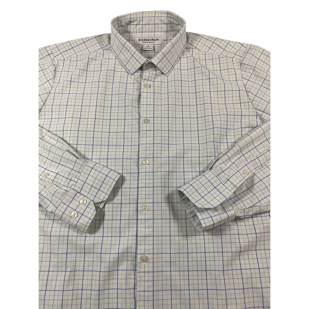 Mizzen+Main‎ Mens XL Trim Fit No Tuck Performance Shirt Blue Green Windowpane